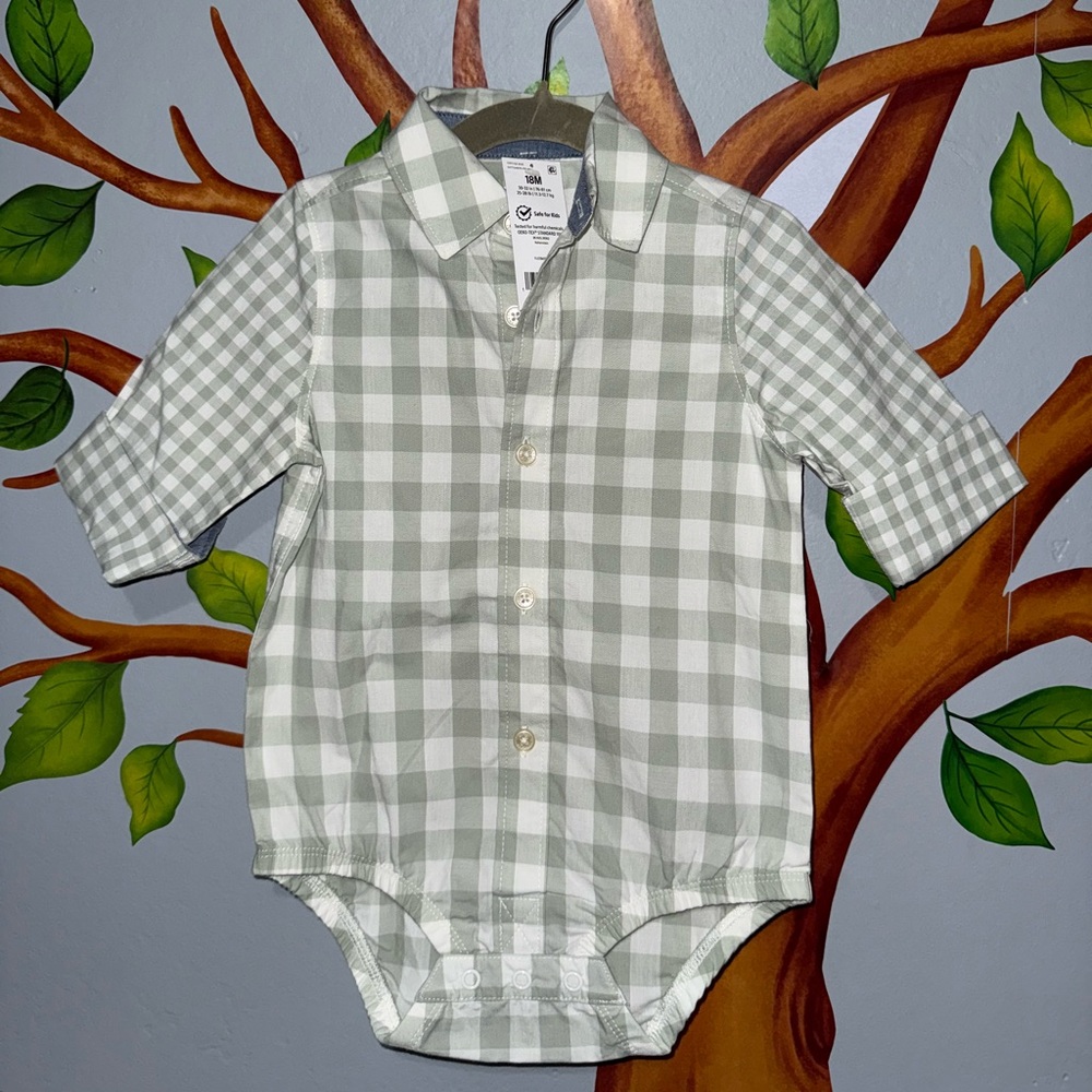 Children's Green Plaid Button-Front Bodysuit Shirt